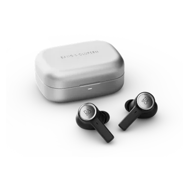 Beoplay Eleven in Natural Aluminium with case and earbuds next to each other