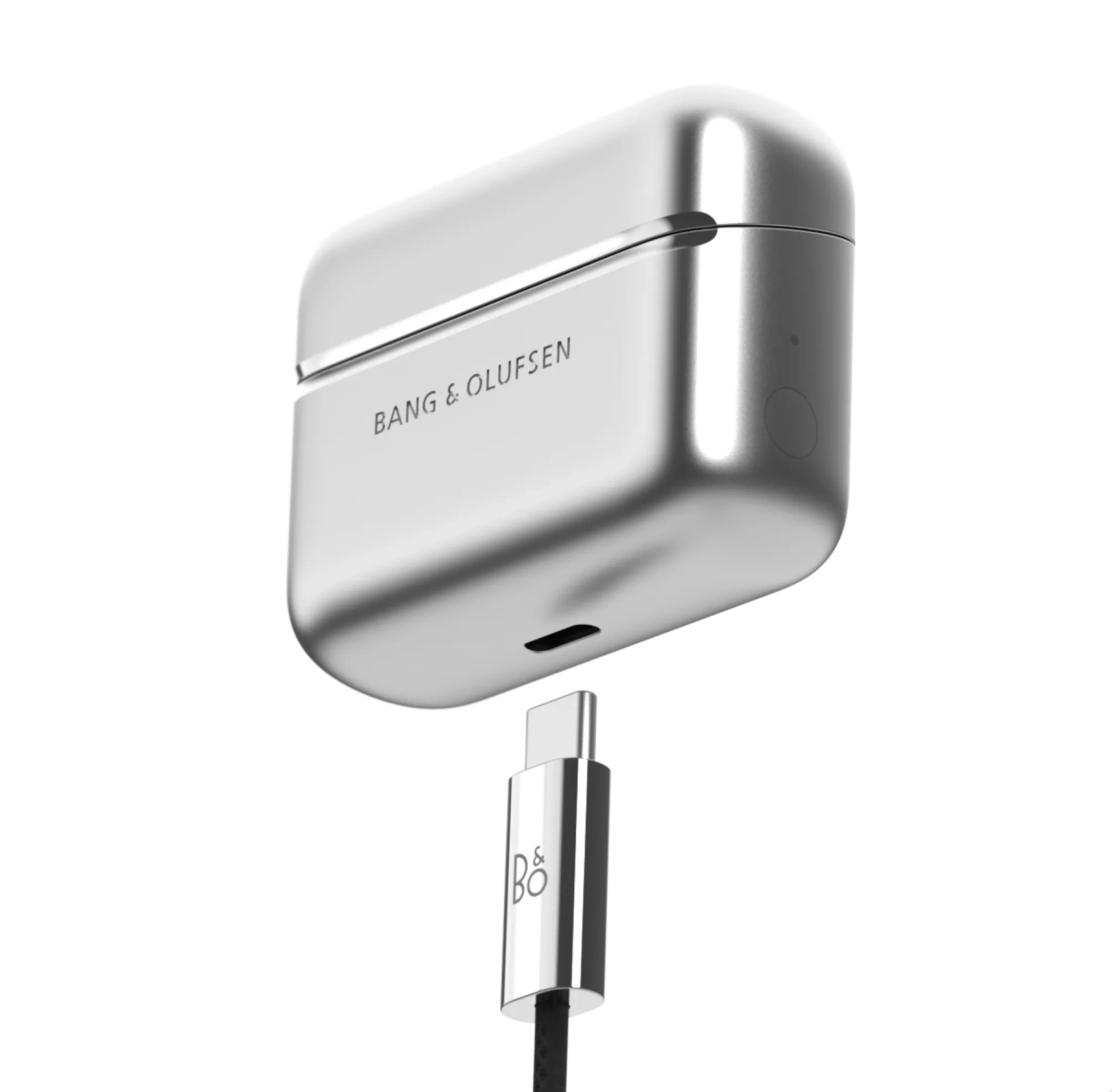 Beo Grace aluminium charging case with the wire getting about to be attached